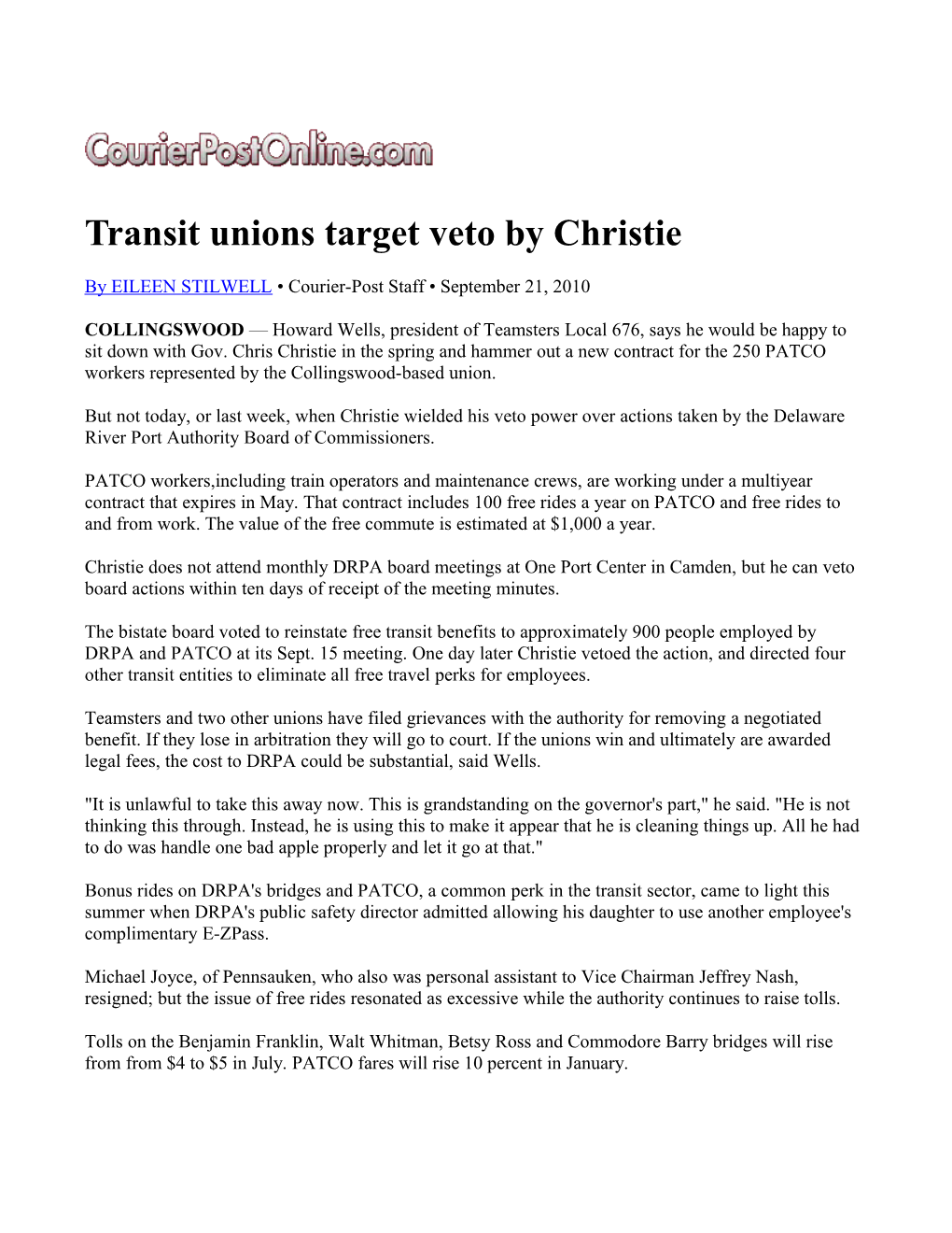 Transit Unions Target Veto by Christie