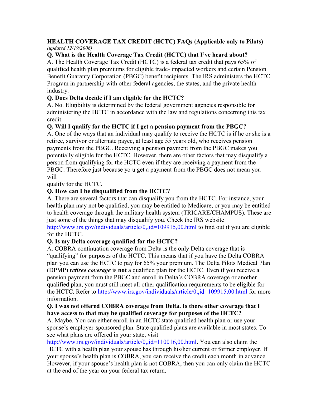 HEALTH COVERAGE TAX CREDIT (HCTC) Faqs (Applicable Only to Pilots)