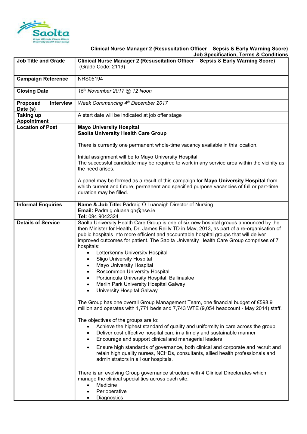 Clinical Nurse Manager 2 (Resuscitation Officer Sepsis & Early Warning Score)