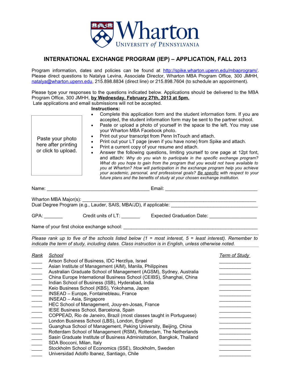 International Exchange Program (Iep) Application, Fall 2013