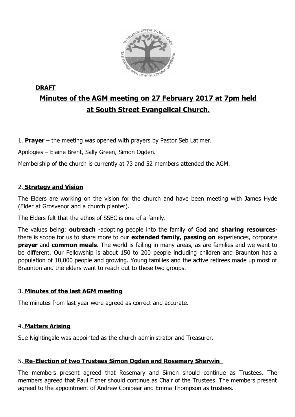 Minutes of the AGM Meeting on 27 February 2017 at 7Pm Held at South Street Evangelical Church