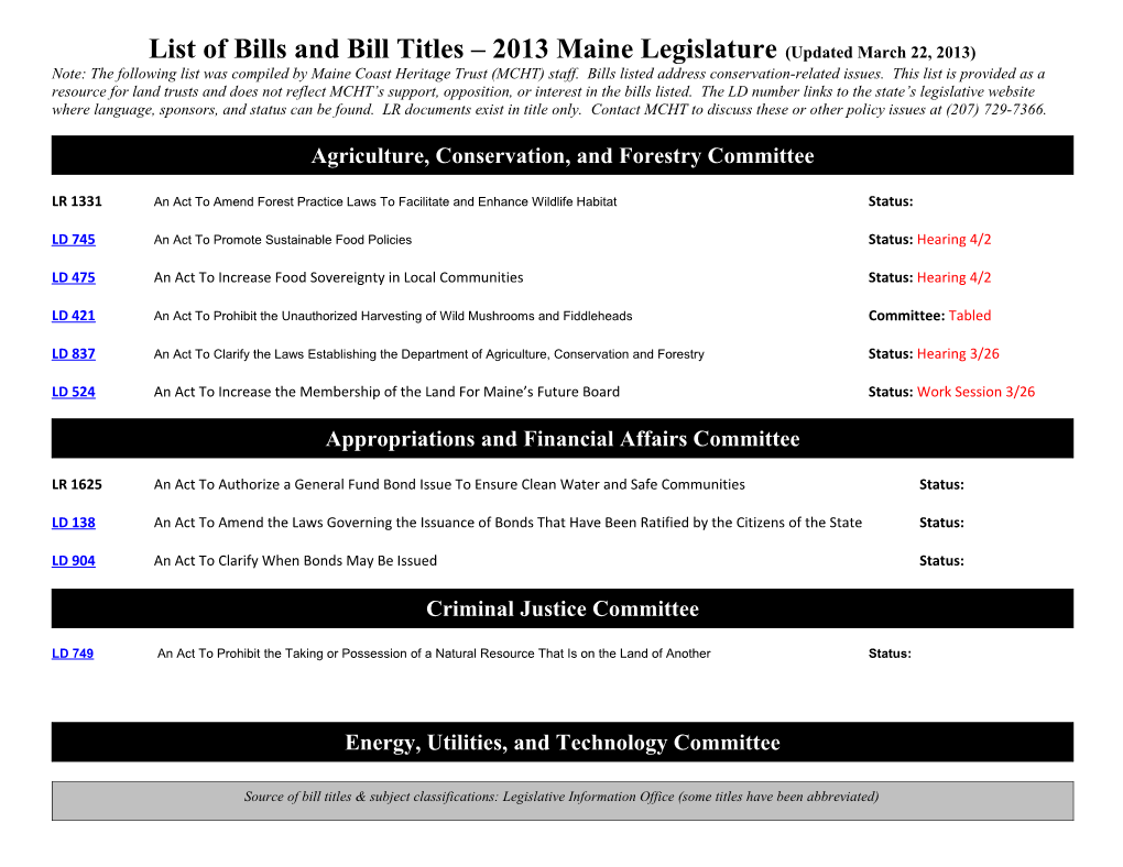 List of Bills and Bill Titles 2013 Maine Legislature(Updated March 22, 2013)