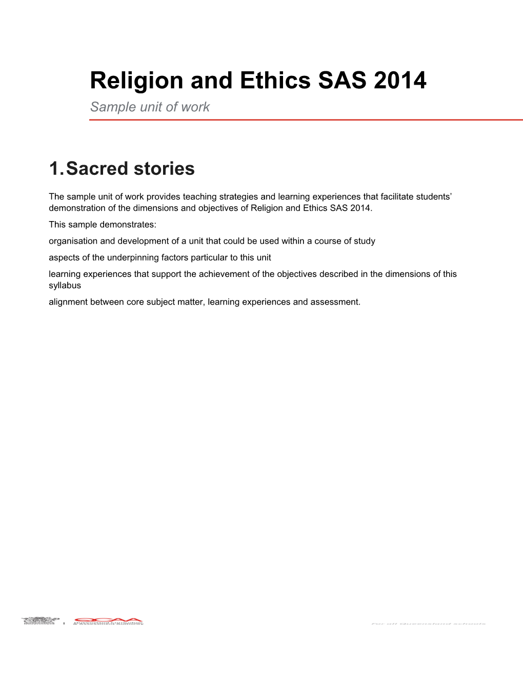 Religion and Ethics SAS (2014) Sample Unit of Work: Sacred Stories