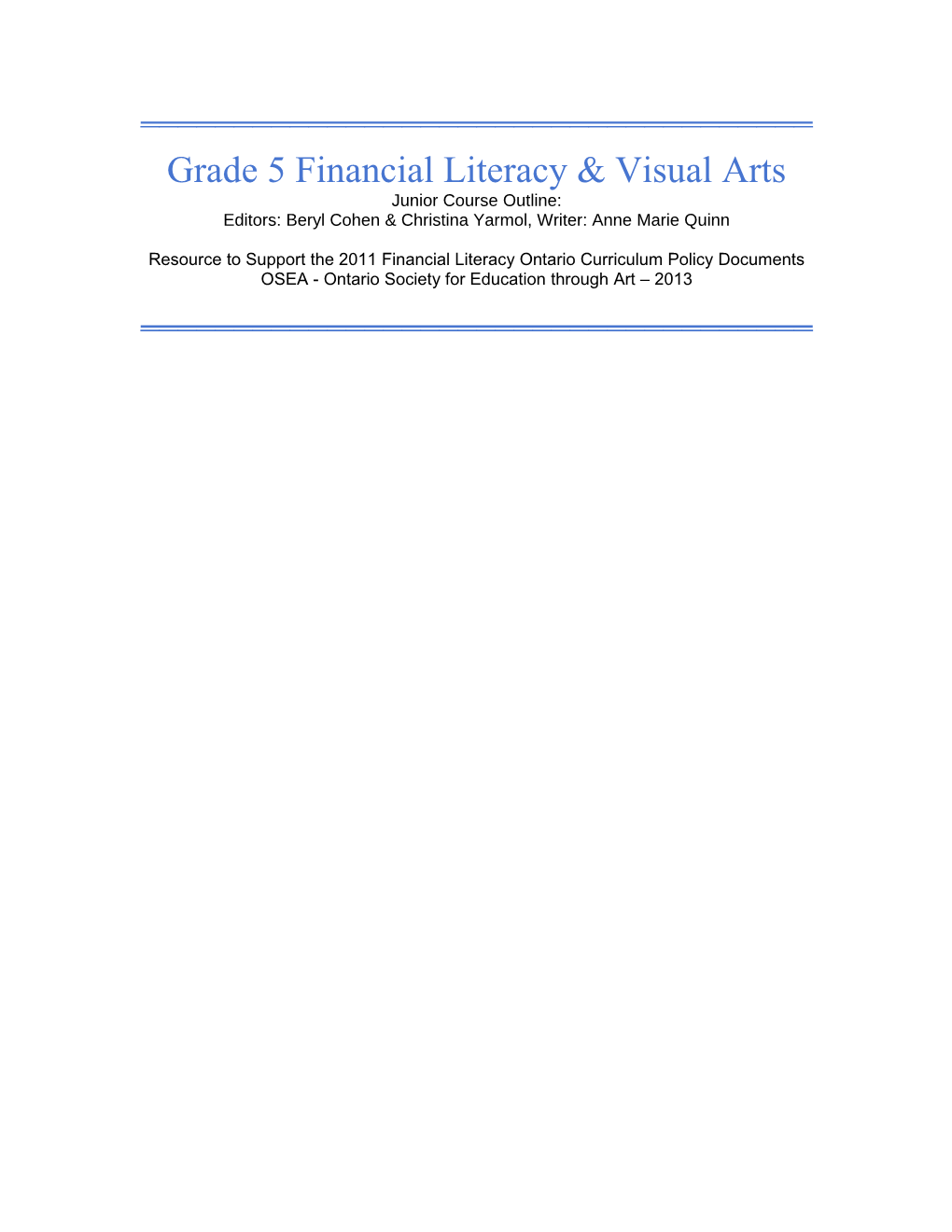 Grade 5 Financial Literacy & Visual Arts