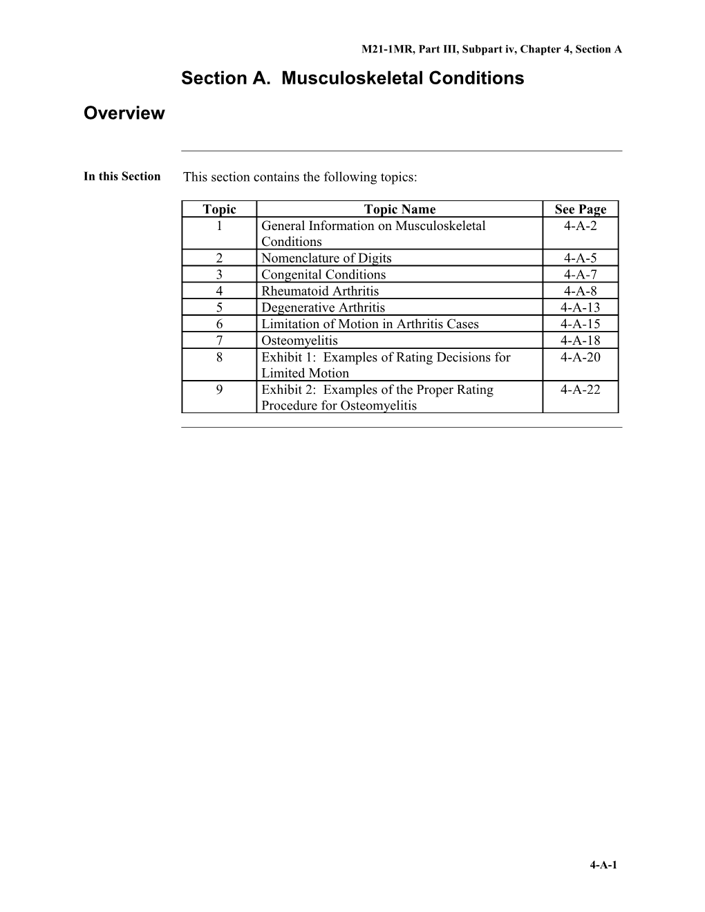 Part III, Subpart Iv, Chapter 4, Section A. Musculoskeletal Conditions