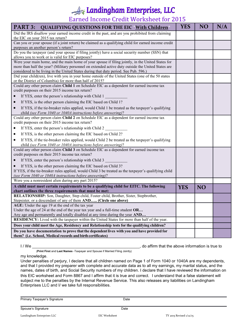 Earned Income Credit Worksheet for 2015