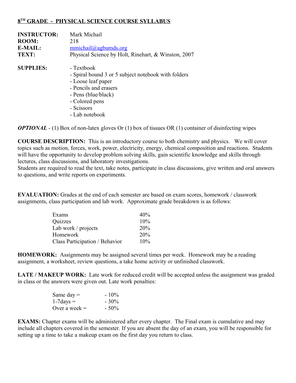 8Th Grade: Introduction to Physical Science