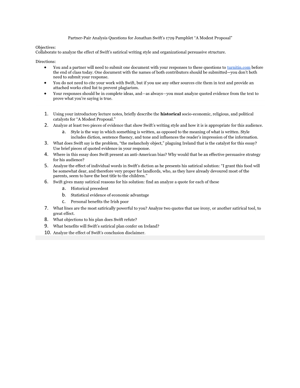 Partner-Pair Analysis Questions for Jonathan Swift S 1729 Pamphlet a Modest Proposal