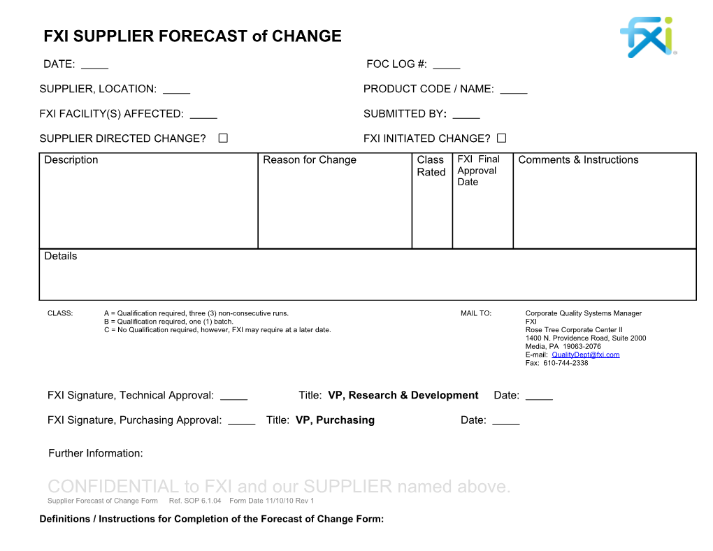 FXI SUPPLIER FORECAST of CHANGE