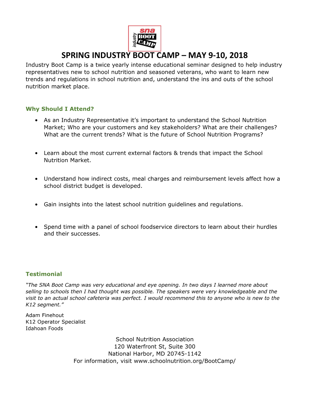 Springindustry Boot Camp May 9-10, 2018