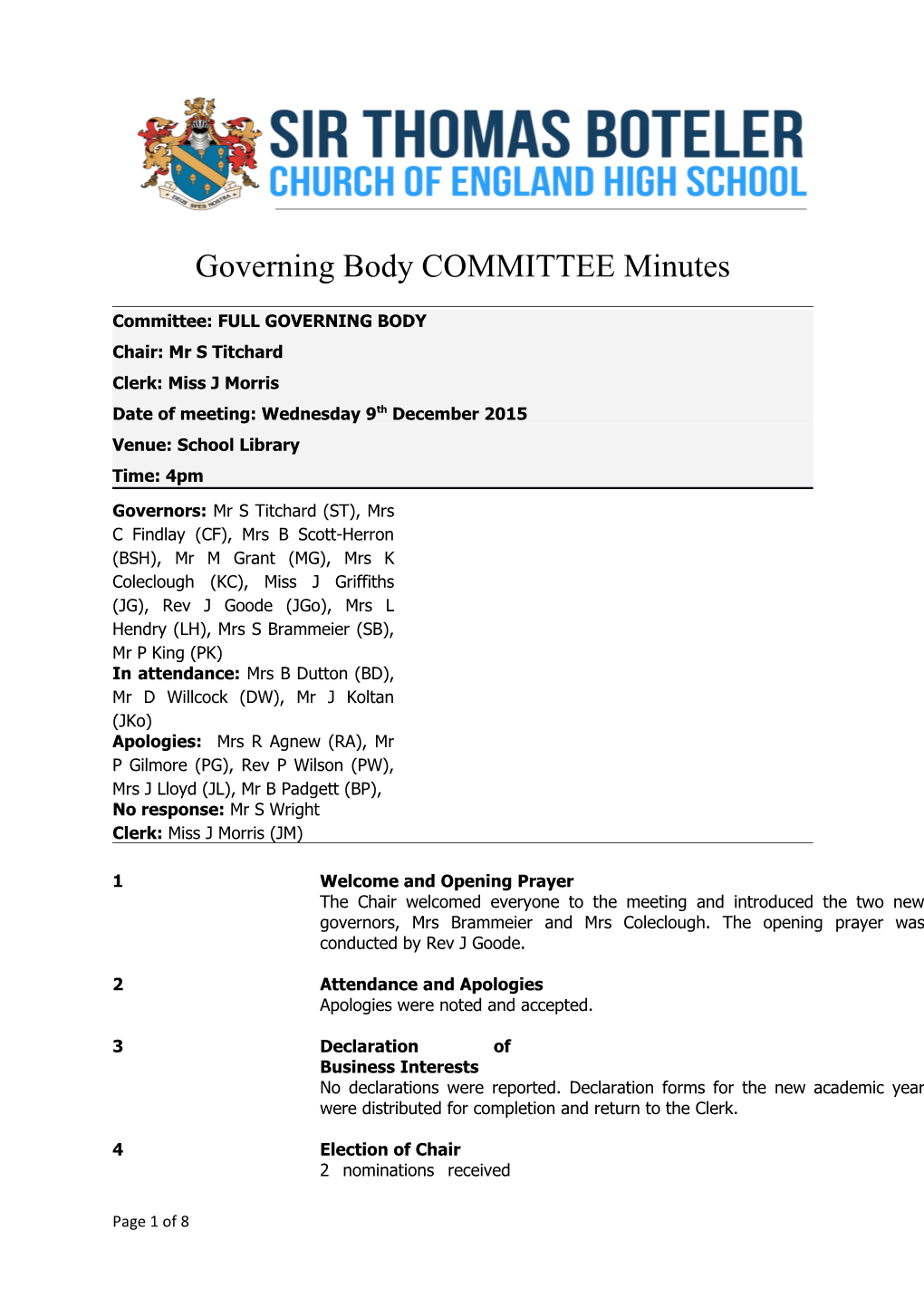 Governing Body COMMITTEE Minutes
