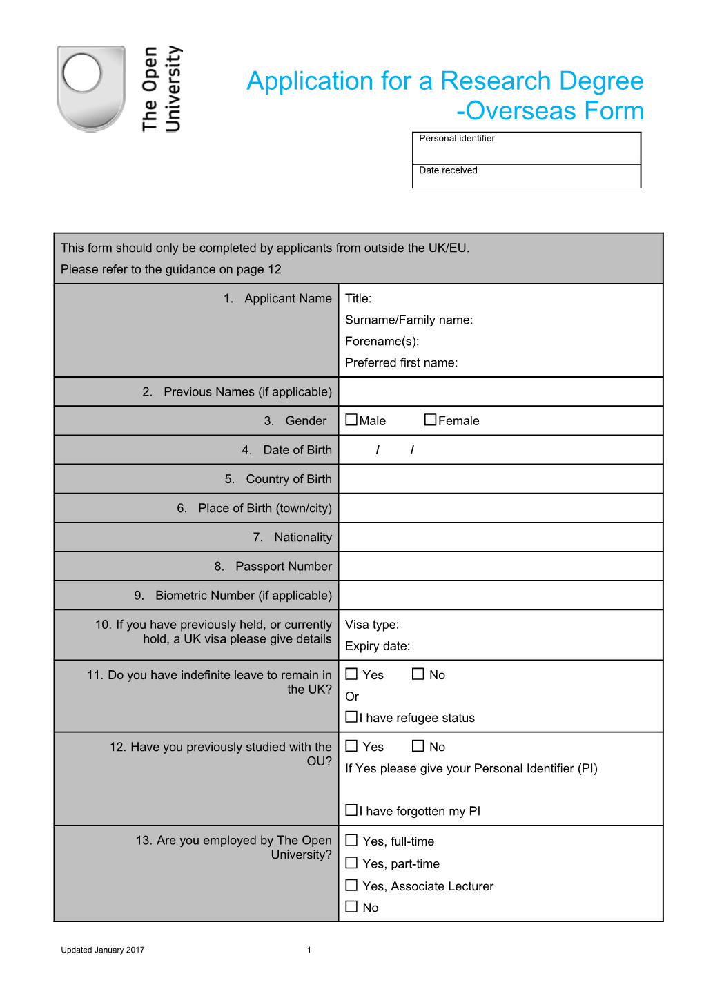 Application for a Research Degree -Overseas Form