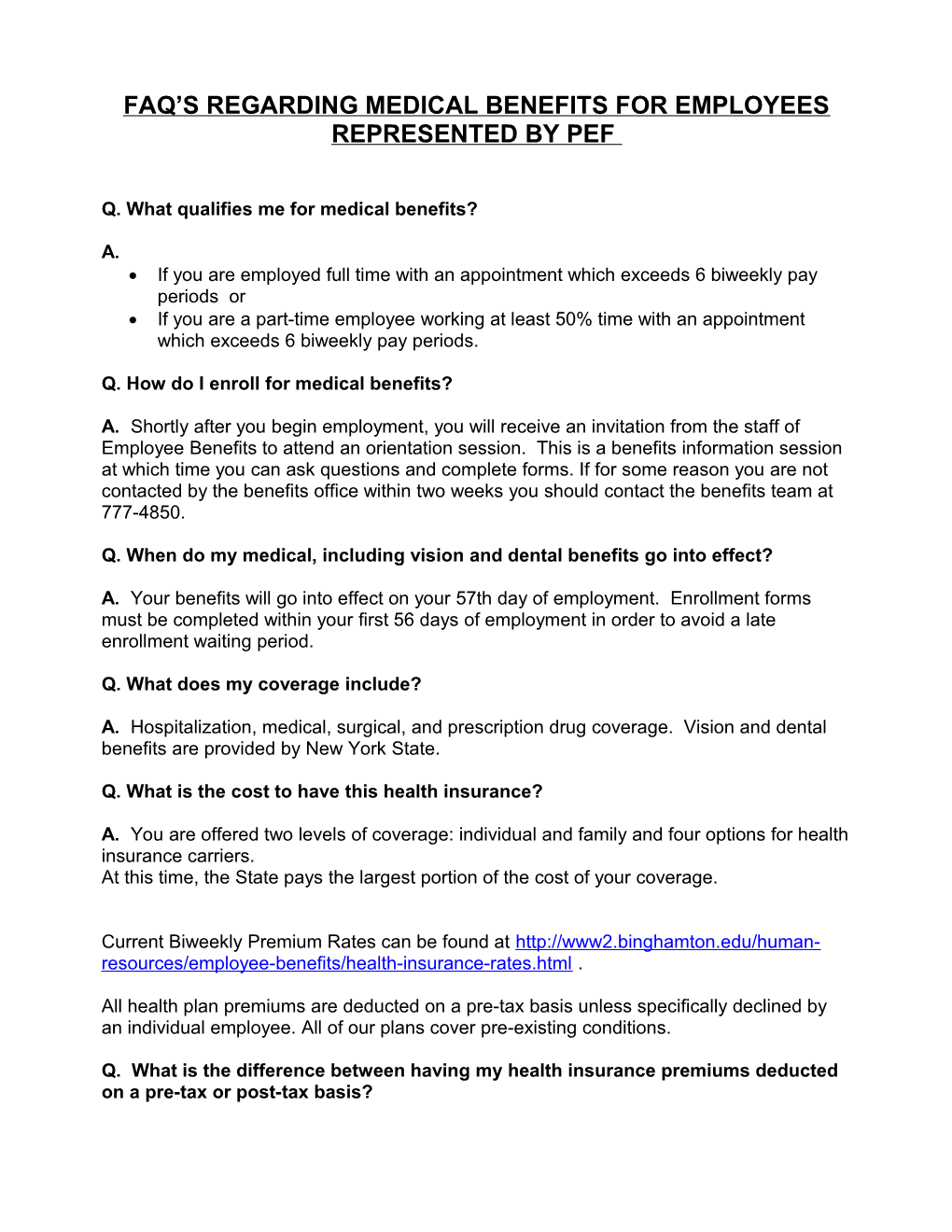 Faq S Regarding Medical Benefits for Employees Represented by Pef