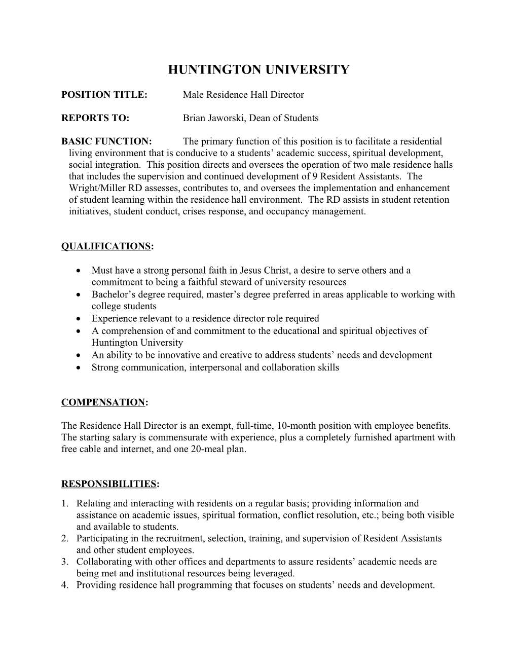 POSITION TITLE:Male Residence Hall Director