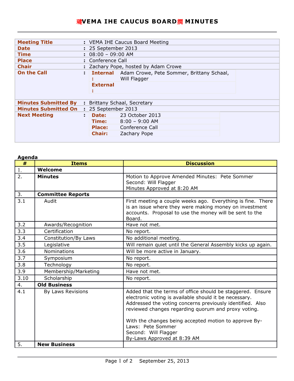 Vema Ihe Caucus Board Minutes