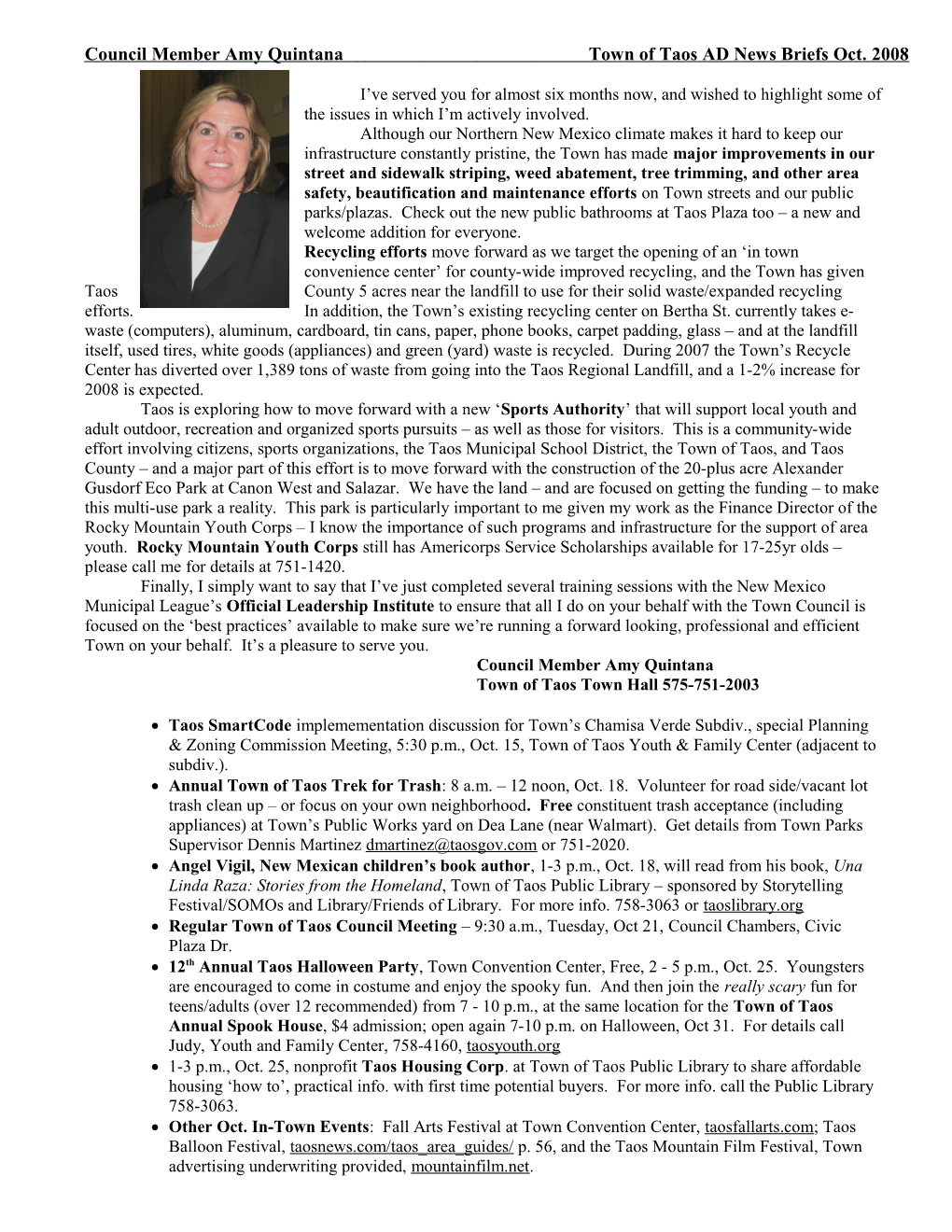 Council Member Amy Quintana Town of Taos October 2008 News Brief October 2008