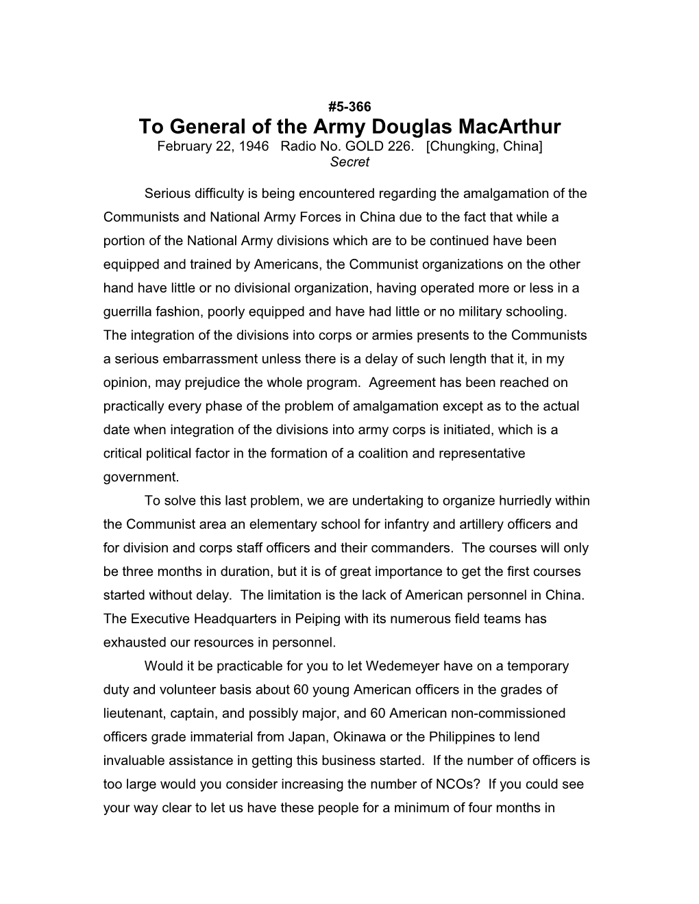 To General of the Army Douglas Macarthur