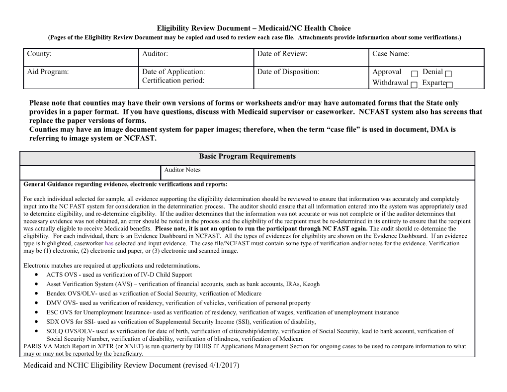 Eligibility Review Document Medicaid/NC Health Choice