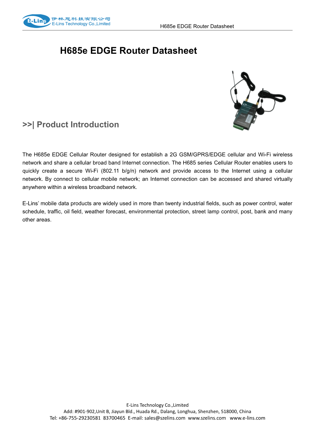 H685e Industrial Wireless EDGE Cellular Router Datasheet Specification