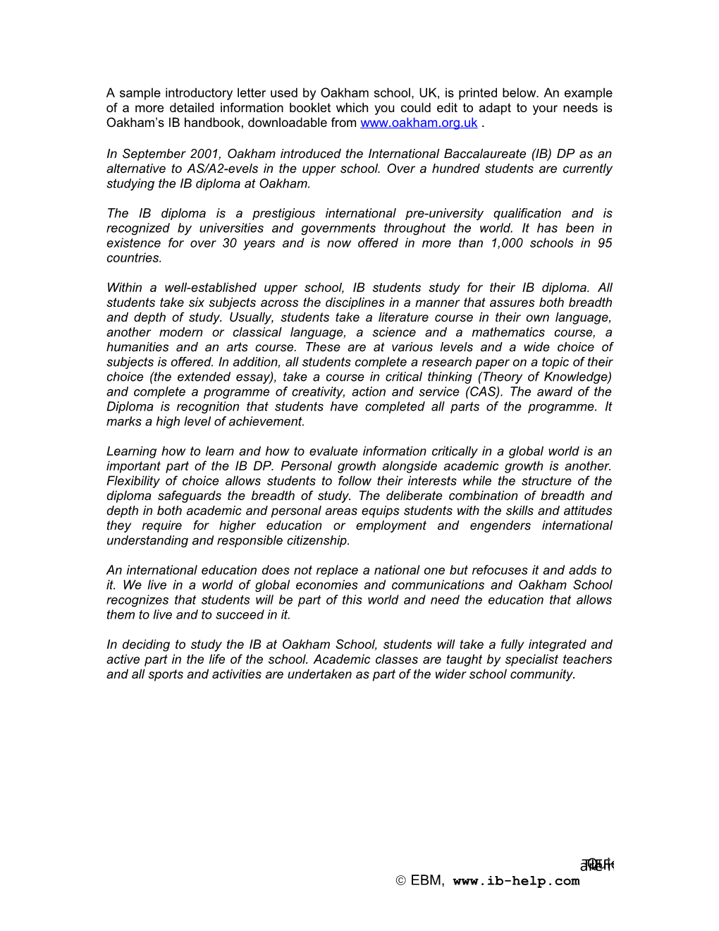 A Sample Introductory Letter Used by Oakham School, UK, Is Printed Below