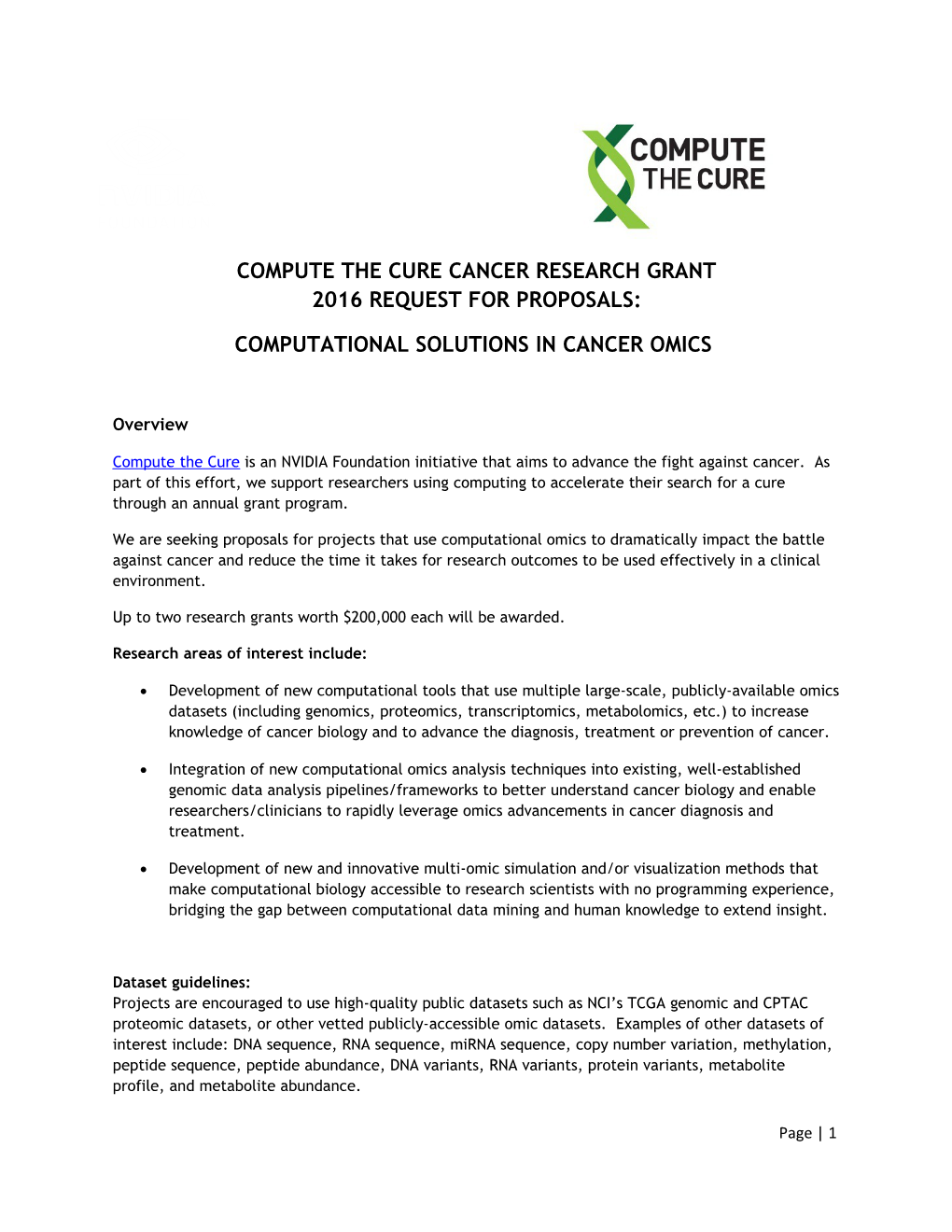 Compute the Cure Cancer Research Grant 2016 Request for Proposals
