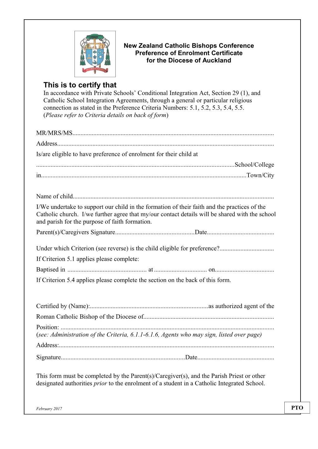 Criteria for Preference of Enrolment in Integrated Catholic Schools