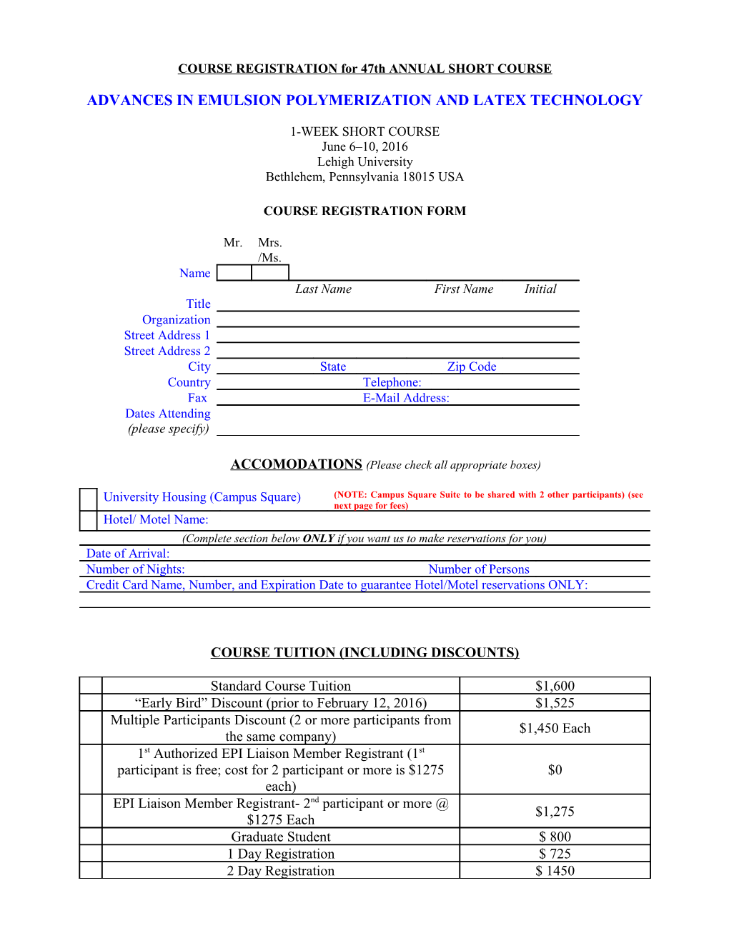 COURSE REGISTRATION for 34Th ANNUAL SHORT COURSE