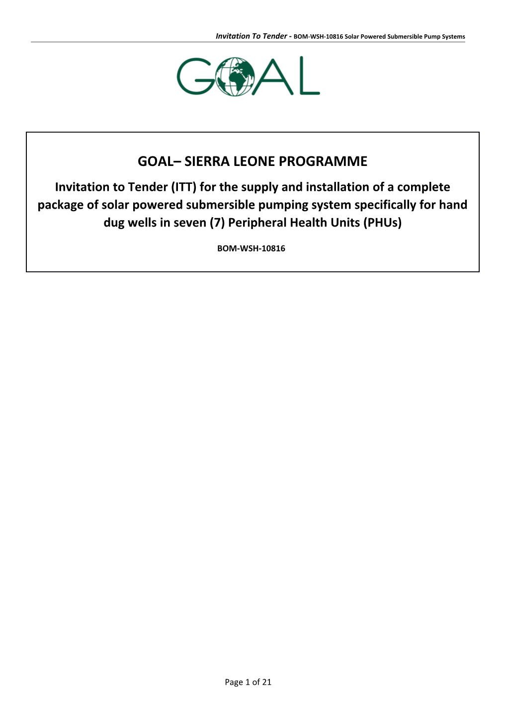 Invitation to Tender - BOM-WSH-10816 Solar Powered Submersible Pump Systems