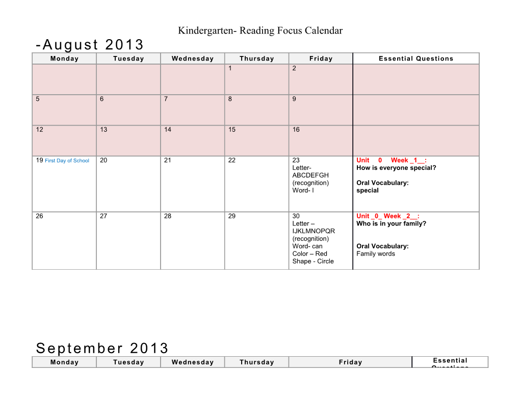 Kindergarten- Reading Focus Calendar