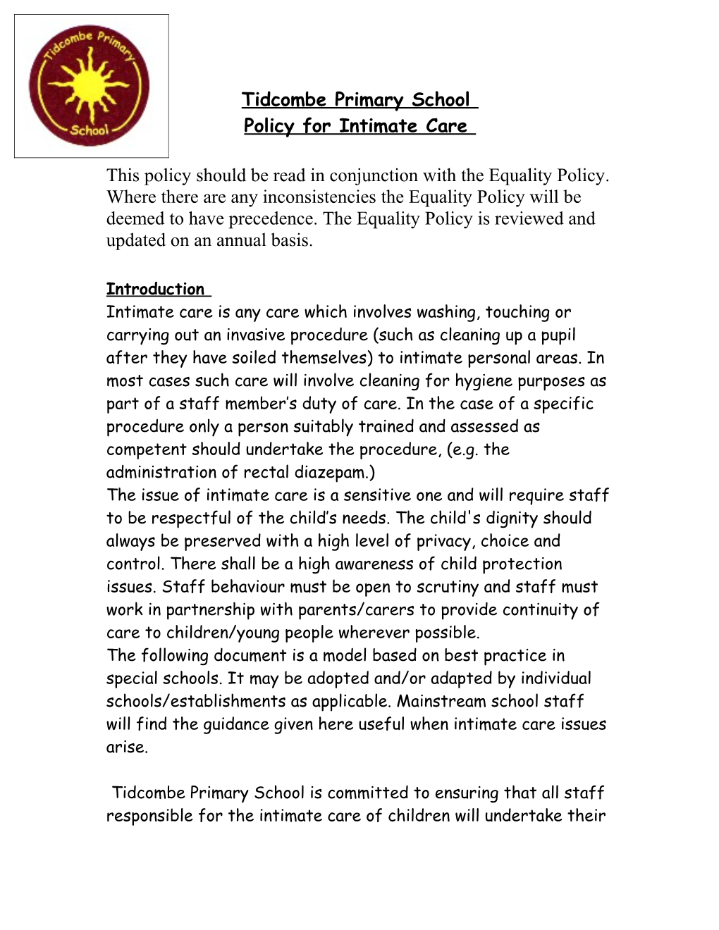 Tidcombe Primary School Policy for Intimate Care
