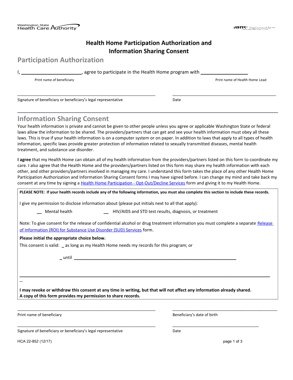 Health Home Participation Authorization and Information Sharing Consent Form