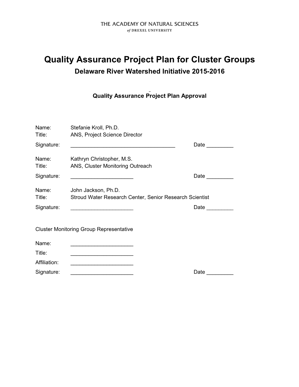 Quality Assurance Project Plan for Cluster Groups