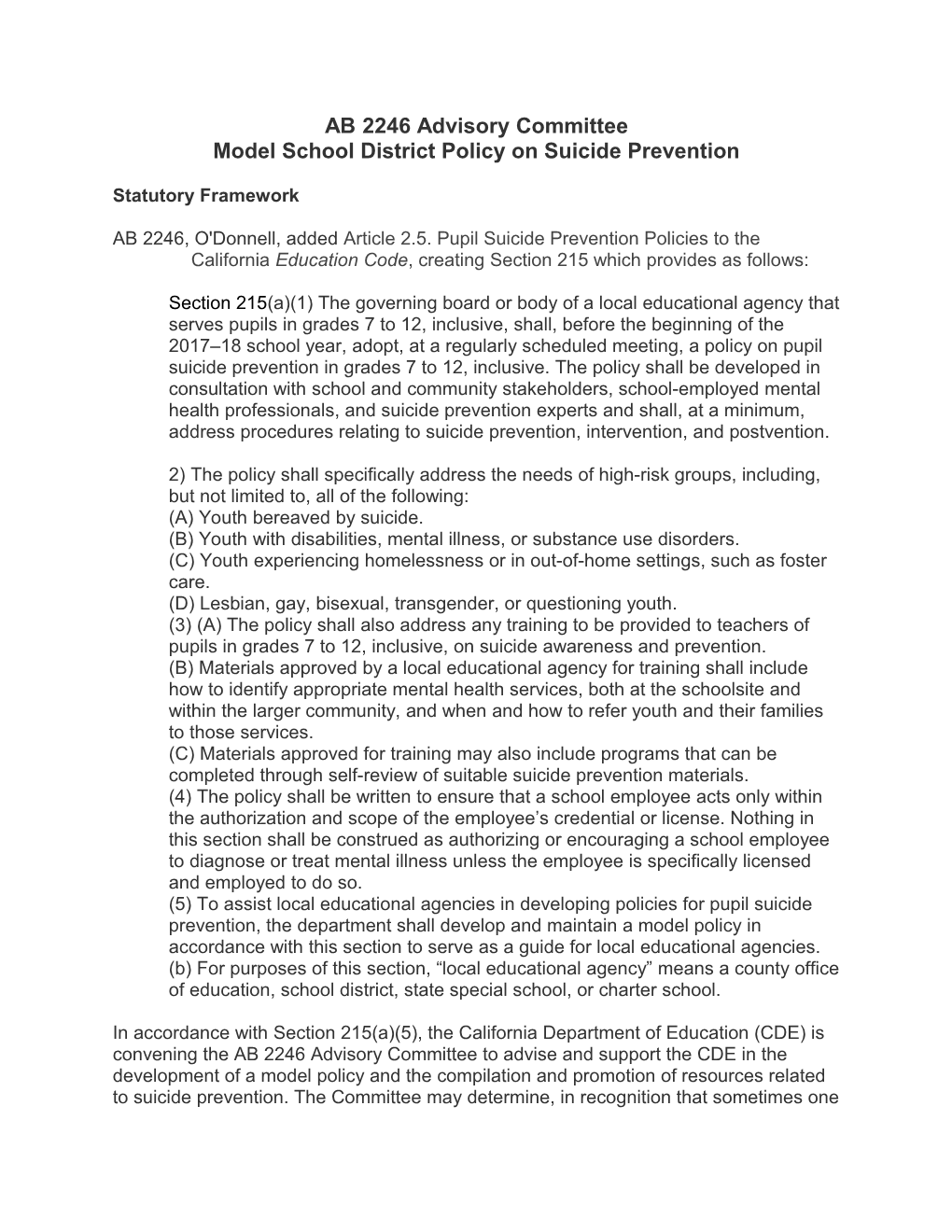Model School District Policy on Suicide Prevention