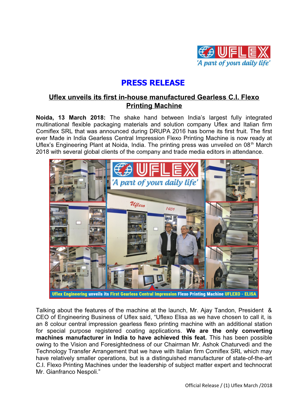 Uflex Unveils Its First In-House Manufactured Gearless C.I.Flexo Printing Machine