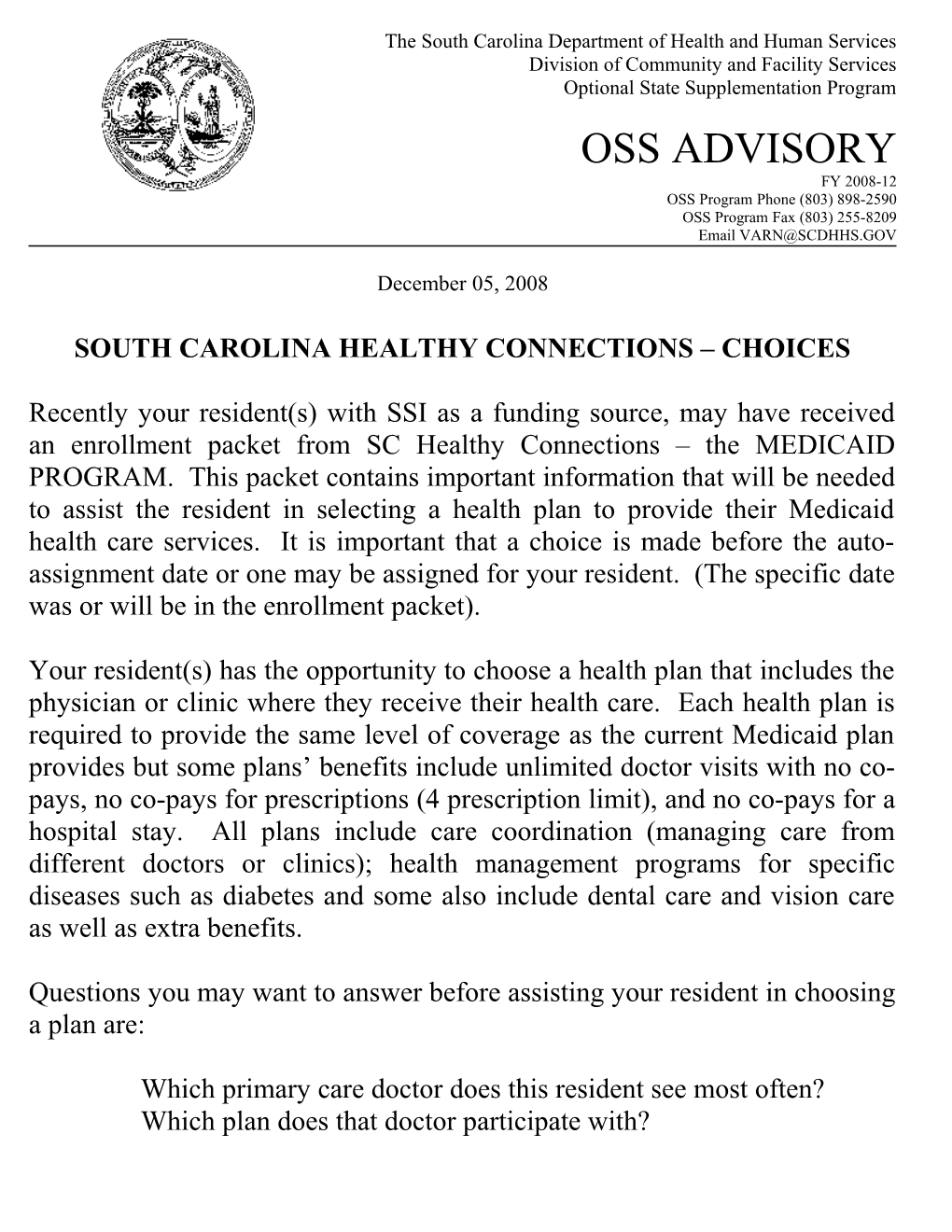 The South Carolina Department of Health and Human Services