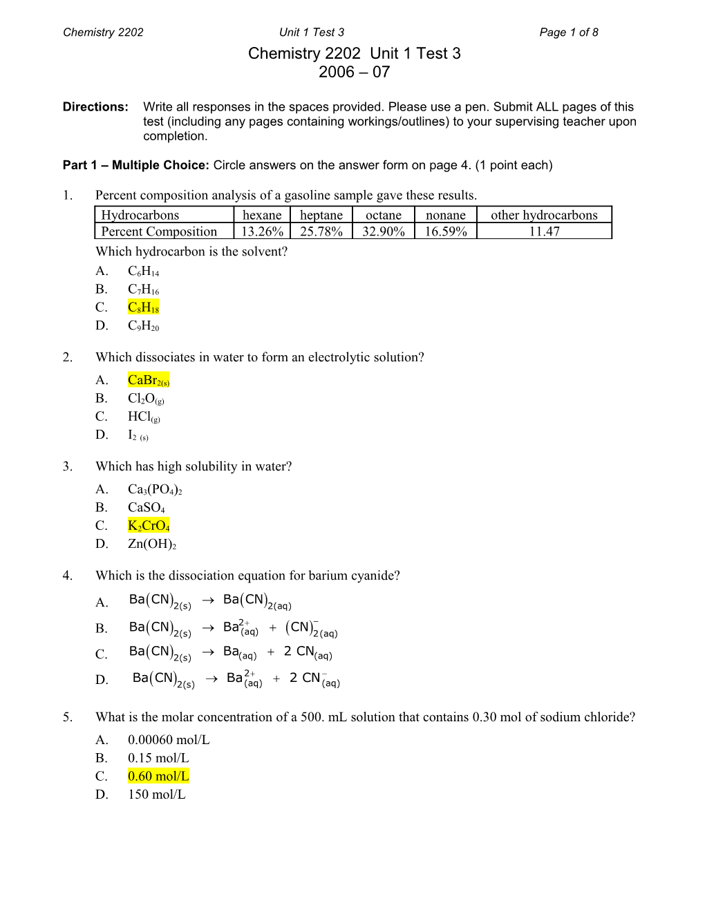 Chemistry 2202 Unit 1 Test 3Page 1 of 8