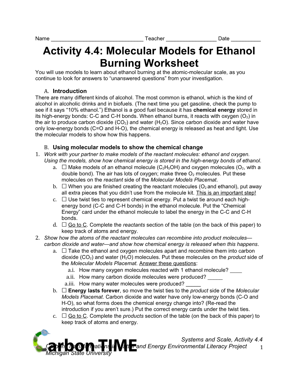Activity 4.4: Molecular Models for Ethanol Burning Worksheet