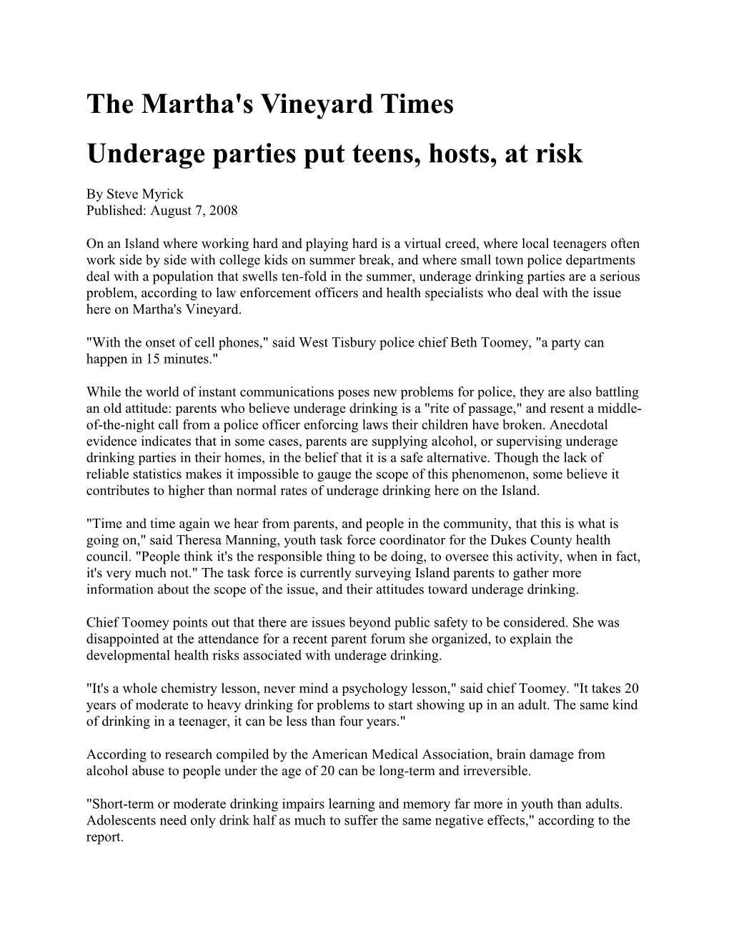 Underage Parties Put Teens, Hosts, at Risk