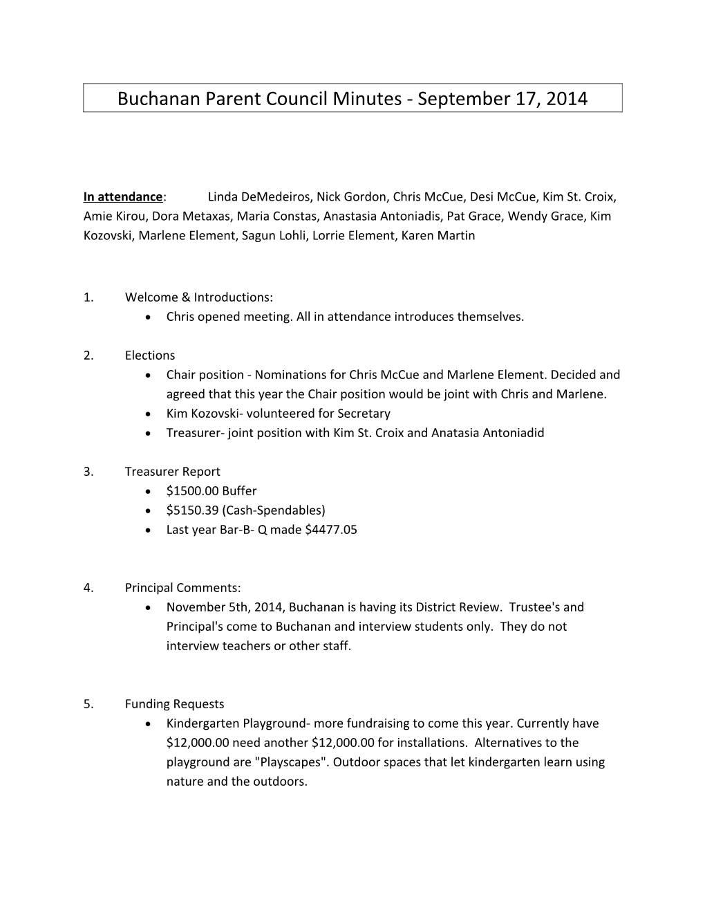 Buchanan Parent Council Minutes - September 17, 2014