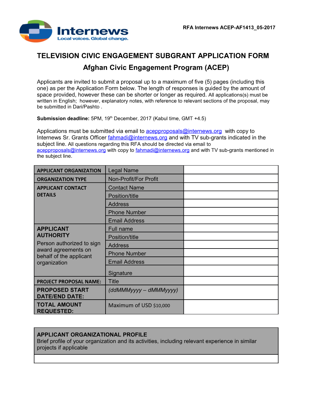 Television Civic Engagement Subgrant Application Form
