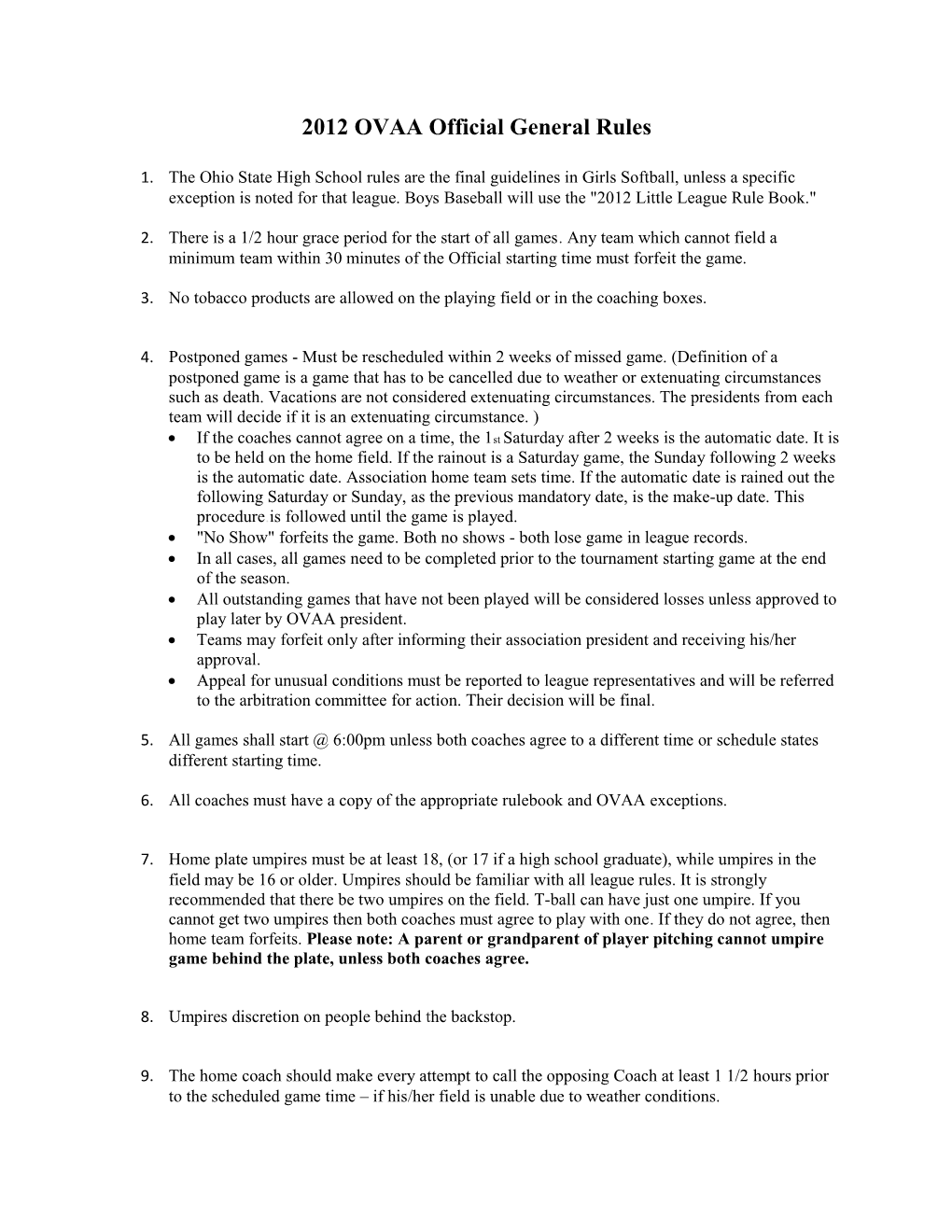 2012 Ovaaofficial General Rules