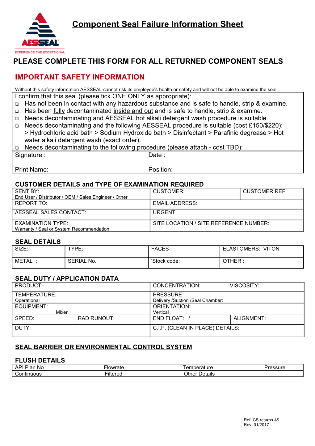 Please Complete This Form for All Returned Component Seals