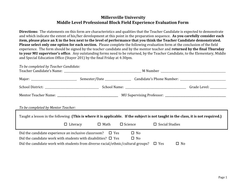 Middle Levelprofessional Block Field Experience Evaluation Form