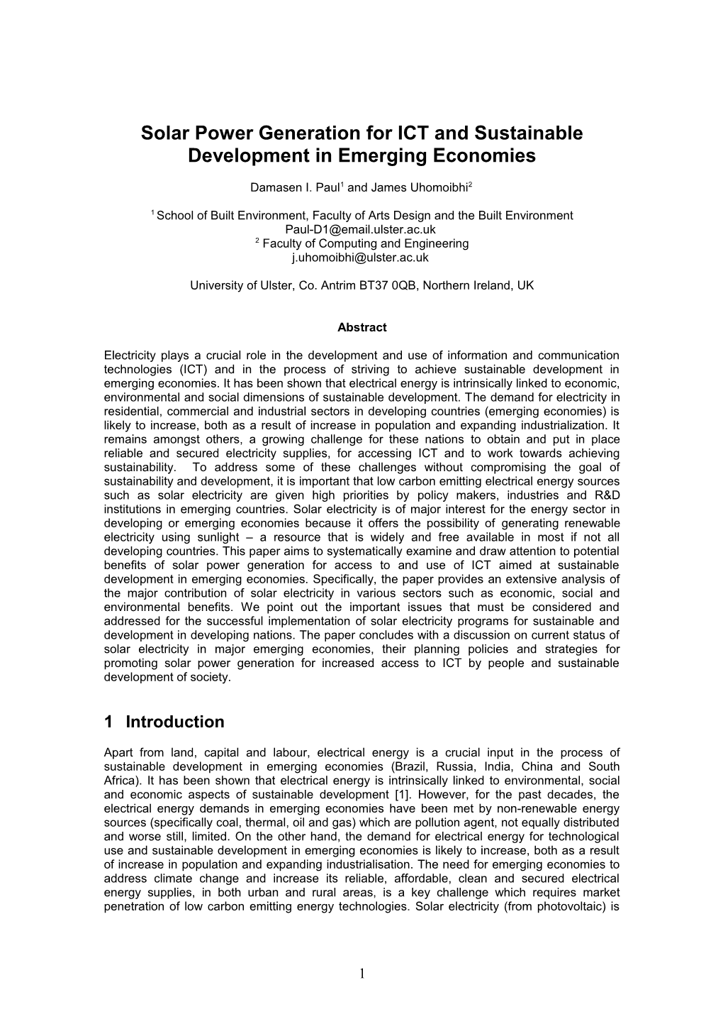 Solar Power Generation for ICT and Sustainable Development in Emerging Economies