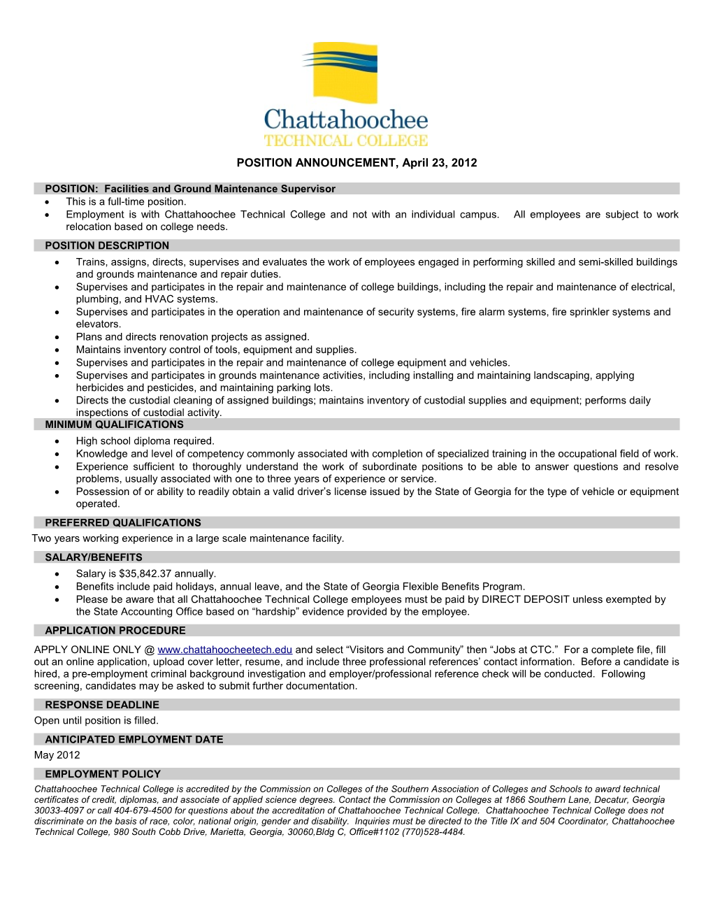 POSITION: Facilities and Ground Maintenance Supervisor