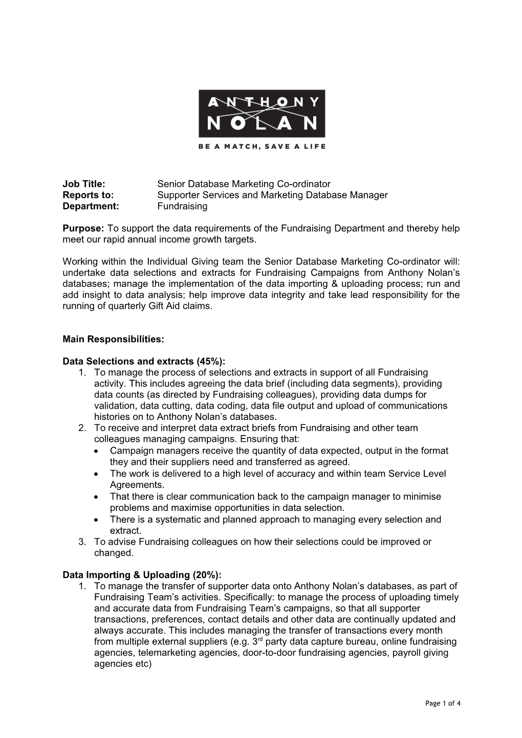 Job Description: Senior Database Marketing Co-Ordinator, Fundraising, Anthony Nolan