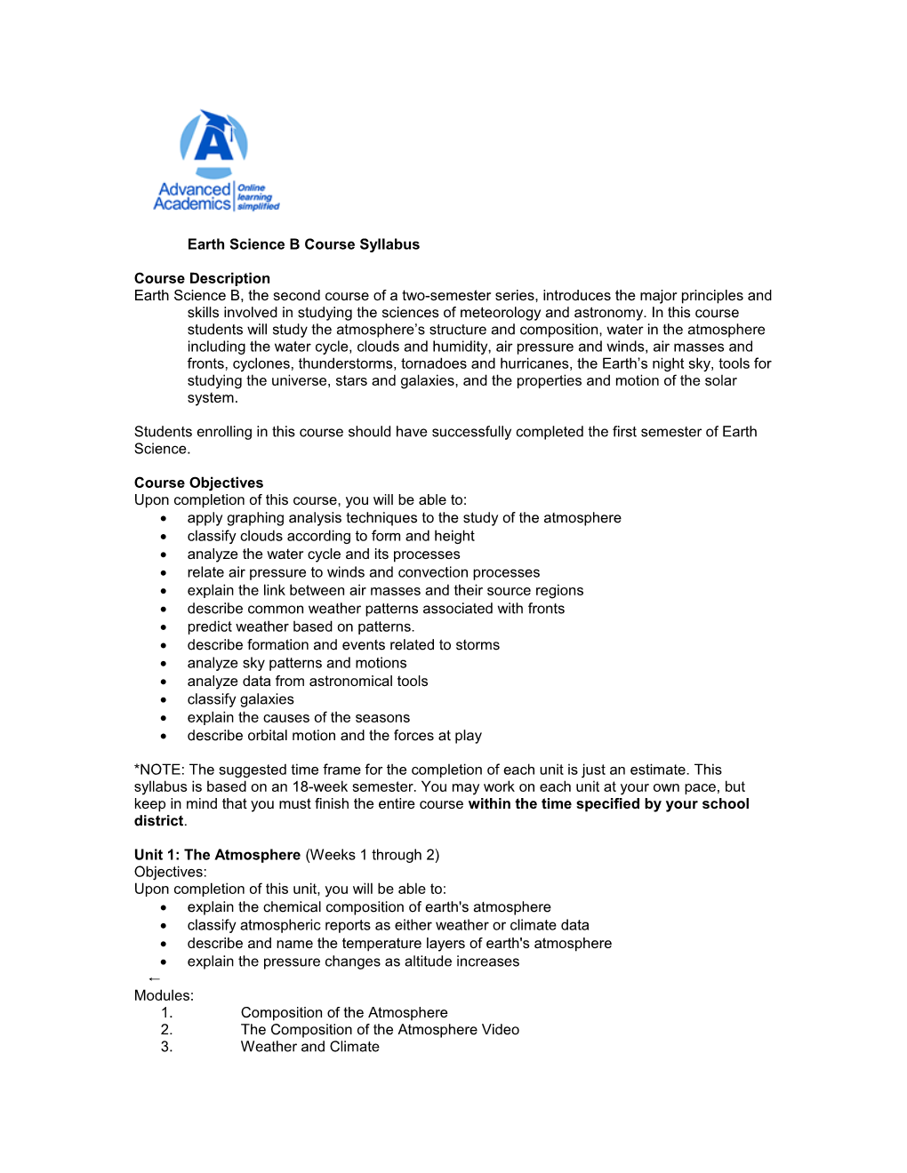 Earth Science Bcourse Syllabus