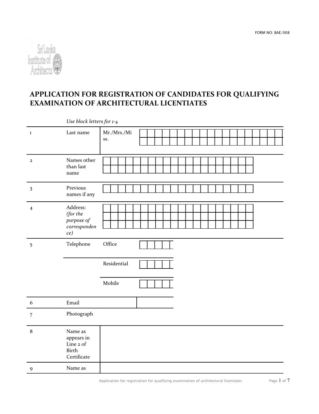 Application for Registration for Qualifying Examination of Architectural Licentiates Page 1 of 5