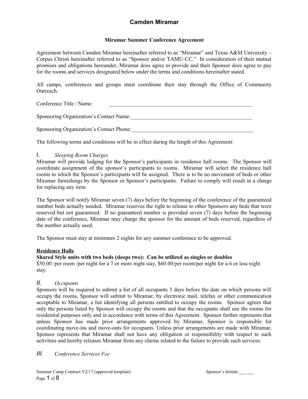 Camden/Miramar/Summer Conference Agreement Track Changes (01099996)