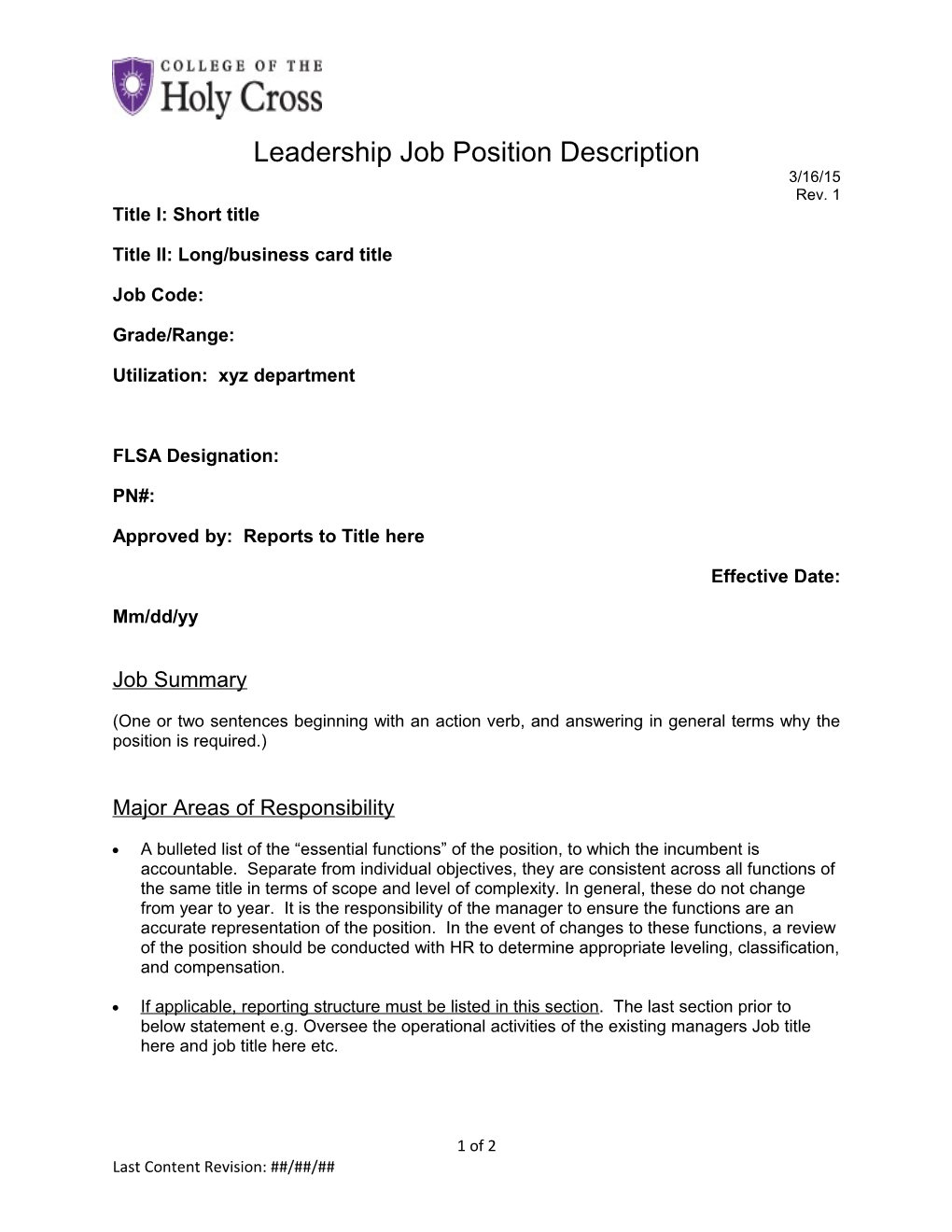 Leadership Job Position Description
